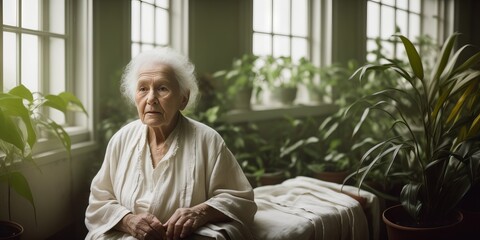 close up portrait of small elderly woman in white linen clothes stands in her living room among tons of plants near windows. Unhappy life. Retirement community. Health care. Alone. Generative AI