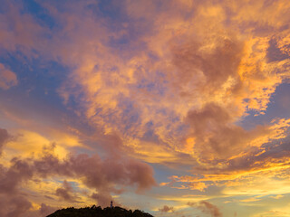 aerial view bright golden yellow clouds dazzle the sky at sunrise..bright red-orange sky, beautiful 
