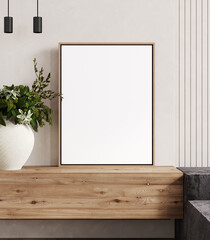 Wall Mural - Wooden poster frame mockup in modern bedroom interior, 3d rendering