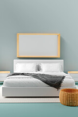 Wall Mural - Interior poster mock up on the wall with grey bed and flower in bedroom interior. 3D rendering.