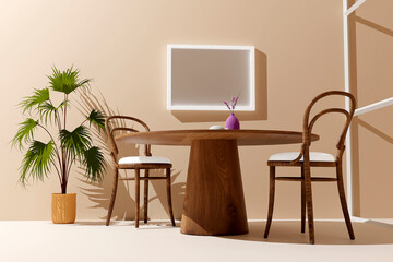 Wall Mural - Dining room interior with mock up poster frame, wooden table, chair, black dishes and accessories. Sunny and light space. Beige walls. 3d render