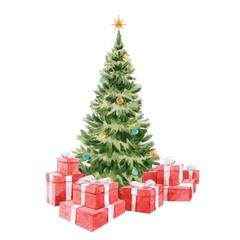 beautiful happy new year watercolor hand drawn illustration with christmas tree with red gift boxes.