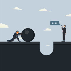 Vector two businessmen pushing the giant ball with boss giving motivation. Team work and motivation concept illustration