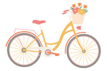 Women's Bicycle With A Basket Of Flowers. Vector Design.
