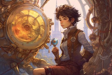 Wall Mural - Time traveler, with a sonic screwdriver and a egg spaceship, exploring different eras and dimensions throughout history, manga style illustration generative ai