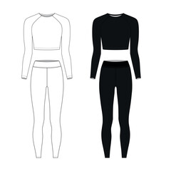 Wall Mural - Vector drawing of a sports uniform for fitness and active lifestyle. Template short top with long sleeves and black leggings. Outline sketch of a women's jersey tracksuit.
