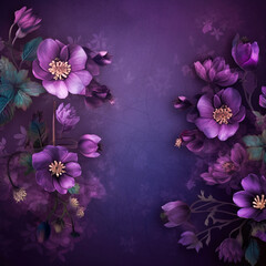 Wall Mural - Generative AI: background with purple flowers and leaves