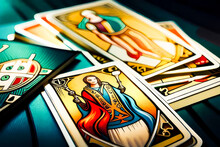 Tarot Cards On The Cyan Table. Spiritual And Symbolic Illustration Concept. Generative AI.