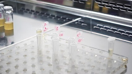 Canvas Print - A scientist doses a biological fluid into an eppendorf using a dispenser.