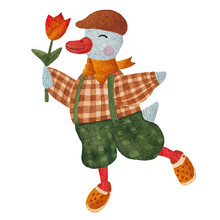 Goose Character With Tulip Flower In Brown Cap, Checkered Tawny Shirt And Green Pants With Suspenders And Yellow Slippers Watercolor Illustration  Isolated On Transparent Background