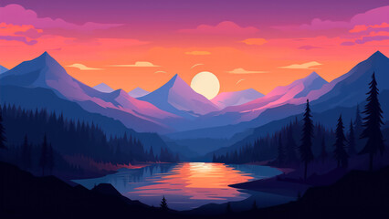 mountain peak view landscape with sunrise soft light. flat 2d vector illustration background generat