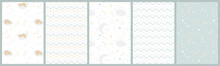 Children's Template. Seamless Backgrounds. Blue Baby Textures With Bears, Stars, Clouds, Zigzag. Set Of Cute Textile Prints. Pastel Baby Backgrounds For Scrapbooks. Vector Illustration