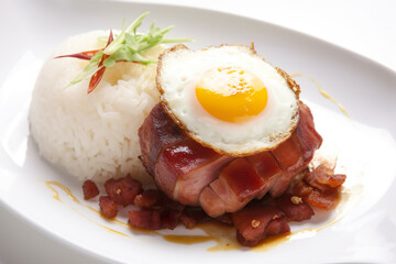 Tocino - a sweet cured pork, served with garlic rice and egg. Asian Filipino dish, food from Philippines Generative AI