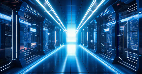 a computer network server room is shown with blue light