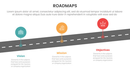 Wall Mural - business roadmaps process framework infographic 3 stages with skew road and circle points and light theme concept for slide presentation