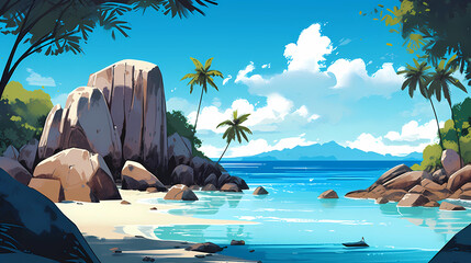Wall Mural - Illustration of a beautiful tropical island with a beach and palm trees