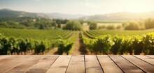 Wooden Floor With Blurred French Vineyard Background. Generative AI