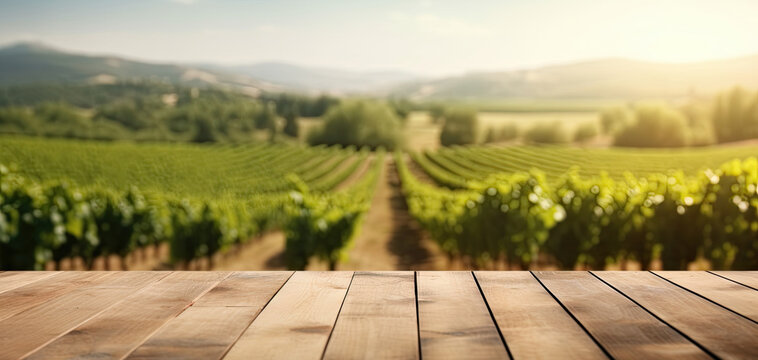 Wooden floor with blurred french vineyard background. Generative AI