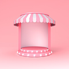 Aufkleber - Blank exhibition booth stage podium or blank display store shop stand with pink striped dome awning and retro neon light bulbs isolated on pink pastel color background minimal conceptual 3D rendering