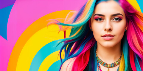 Young cute beautiful girl close-up with bright rainbow multicolored hair and necklace on color background. Empty space for advertising text. Generative AI.