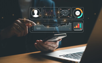 Wall Mural - young entrepreneur using big data analysis and cloud technology to collect customer data and display