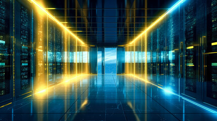 Wall Mural - A data center with a long corridor and shiny lights, data storage, server room. Generative Ai. 