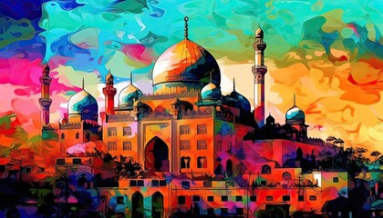 Wall Mural - water color painting Arabic Islamic Typography design Mawlid al-Nabawai al-Sharif greeting card with dome and minaret of the Prophet's Mosque. Generative Ai