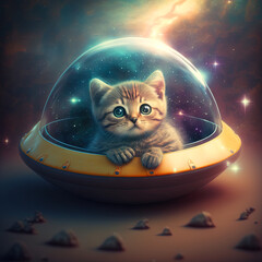 Wall Mural - Cute fluffy kitten driving UFO in space. Funny cat rides sci-fi spacecraft or alien spaceship. Generated AI.