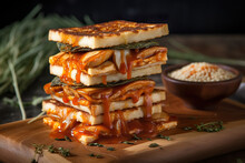 A Stack Of Three Grilled Cheese Sandwiches On A Cutting Board. Generative AI. Tteokbokki Korean Food
