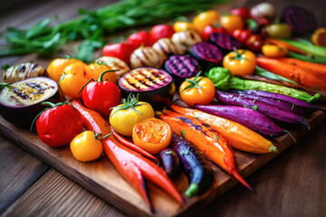 Sticker - Various barbecue grilled vegetables laid out beautifully on a large dish. vegetarian barbecue, party, summer holidays Generative AI