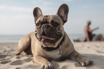 Wall Mural - Close-up portrait photography of a happy french bulldog lying down against a beach background. With generative AI technology