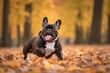 Full-length portrait photography of a happy french bulldog rolling against an autumn foliage background. With generative AI technology