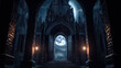 Dark academia style, boarding school in dark gothic castle, entrance gates with dark night and full moon behind, generative AI