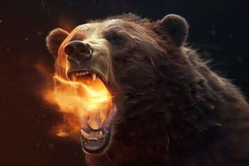 image of an angry brown bear and flames. wildlife animals. illustration, generative ai