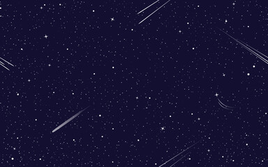 Dark blue starry space seamless pattern. Wrapping paper backdrop, outer space fabric vector print, galaxy stars and comets wallpaper seamless background or pattern with night dark blue sky