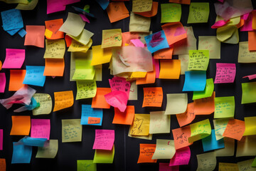 Wall Mural - Sticky notes board in office. Many different colorful paper stickers pinned on wall. Memory notes for business planning. Created with Generative AI