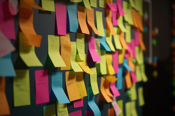 Wall Mural - Sticky notes board in office. Many different colorful paper stickers pinned on wall. Memory notes for business planning. Created with Generative AI