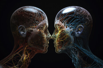 Wall Mural - two spiritual human bodies on dark background. souls connection. created with generative ai