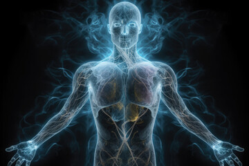 Wall Mural - astral body silhouette on dark background. esoteric, spiritual life and meditation concept. afterlif