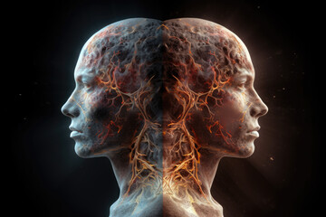 Wall Mural - two spiritual human bodies on dark background. souls connection. created with generative ai