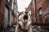 Fototapeta Uliczki - Lifestyle portrait photography of a curious siberian husky barking against urban streets and alleys background. With generative AI technology