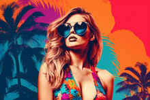 Pop Art Collage Of A Blonde Model Girl With Peculiar Sunglasses On A Palm Tree Summer Vibe Background, Colorful Abstract Theme Concept, Generative Ai Illustration