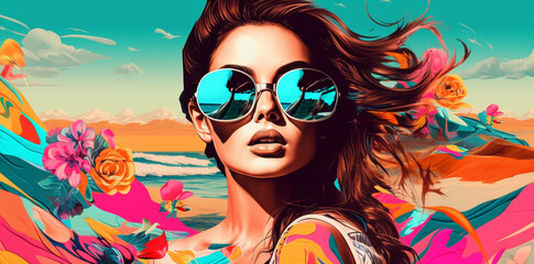 pop art collage of a brunette model girl with peculiar sunglasses on a palm tree summer beach vibe b