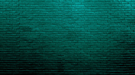 neon light green brick wall texture for pattern background. abstract architectural turquoise blue wide panorama brick work wall for industrial, loft, futuristic design in close up view.