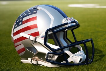 Wall Mural - American football helmet with American flag, stadium and grass, digital illustration. Generative AI