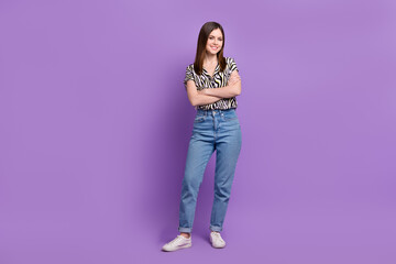 Wall Mural - Full length size photo of confident lady folded arms denim pants stylish zebra print shirt magazine isolated on purple color background