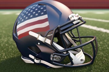 Wall Mural - American football helmet with American flag, stadium and grass, digital illustration. Generative AI