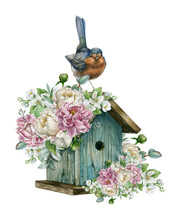 Watercolor Robin Bird On The Blue Birdhouse With Blooming Spring Flowers And Green Leaves. Watercolor Hand Drawn Illustration. White And Pink Peonies Flower Bouquet. Vintage Style.