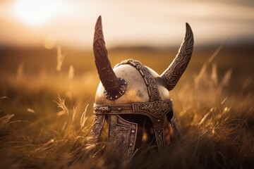 Landscape with horned viking helmet, battlefield in background, digital illustration. Generative AI