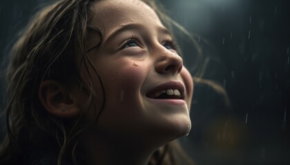 A pretty girl looking at the rainy sky with a smile expression on her face, hope and faith ai, ai generative, illustration